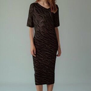 Connected Apparel Zebra Print Midi Dress Brown & Black Bodycon Size 14 NWT ❤️